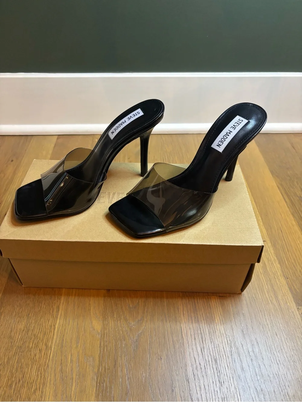 Steve Madden Black Clear Strap Mule Heels